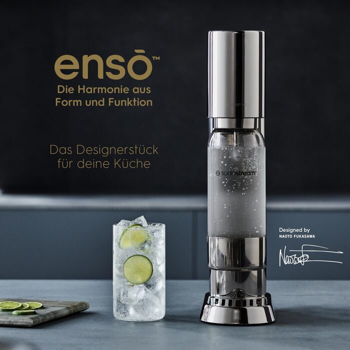 Сифон для газування води SodaStream ENSO, пляшка 1 л, нержавіюча сталь, сріблястий (без циліндра)