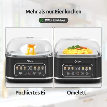 Електричний відварювач яєць Olvy з LCD-таймером на 6 яєць, чорний — пароварка для сніданків, що миється в посудомийній машині