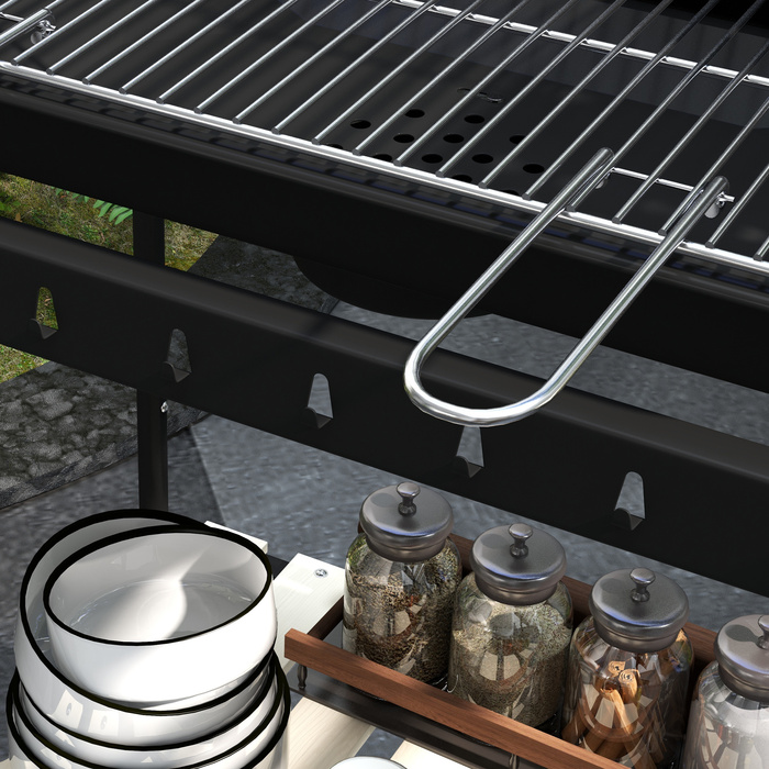 Металевий гриль на вугіллі з димовою трубою (BBQ Smoker) на колесах, з регульованою по висоті решіткою та полицею для дров, розміром 103x47x95 см, чорного кольору.