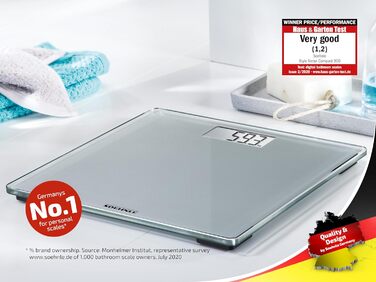 Цифрова вага Soehnle Style Sense Compact 300 для людей, з великою платформою, LCD-дисплеєм, ультратонкий дизайн, скло, сіра