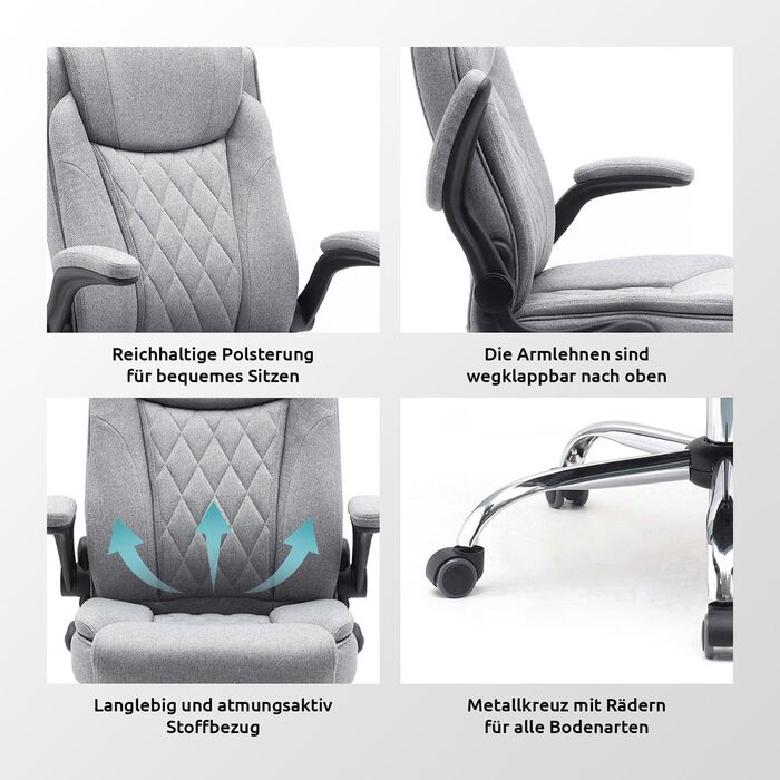 Ергономічне офісне крісло Superkancl COMFORTABLE, до 130 кг, сіре, з високою спинкою та відкидними підлокітниками