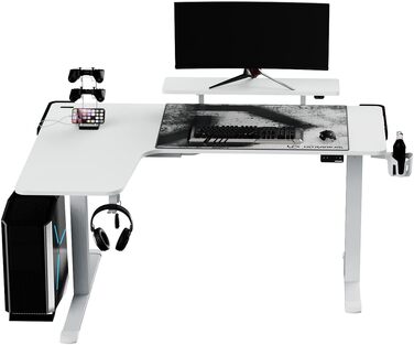 Ігровий стіл ULTRADESK Winger RGB LED L-подібний, електричний підйомний стіл для комп'ютера, білий, 155x111x60 см (лівий)