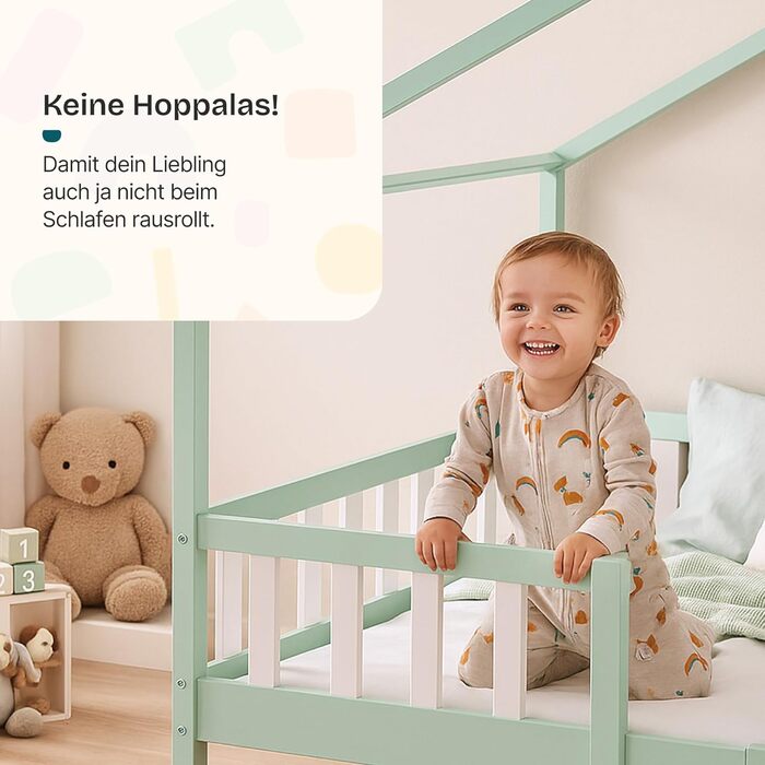 Дерев'яне ліжко для дітей Treviolo з захистом від падіння, Montessori, 140x200 см, сосна, колір дерева (м'ятний/білий)