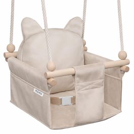 Дитяча гойдалка-колиска MAMOI з ременем безпеки, регульована висота 150-190 см, бежева. Гойдалка для дому, міцна конструкція, велюрове сидіння, легкий монтаж.