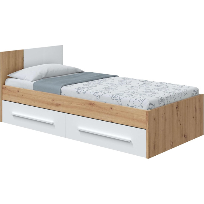 Ліжко дитяче Habitdesign Noa з 2 шухлядами, білий та дуб Nodi, 97x77x196 см (без ламелей)