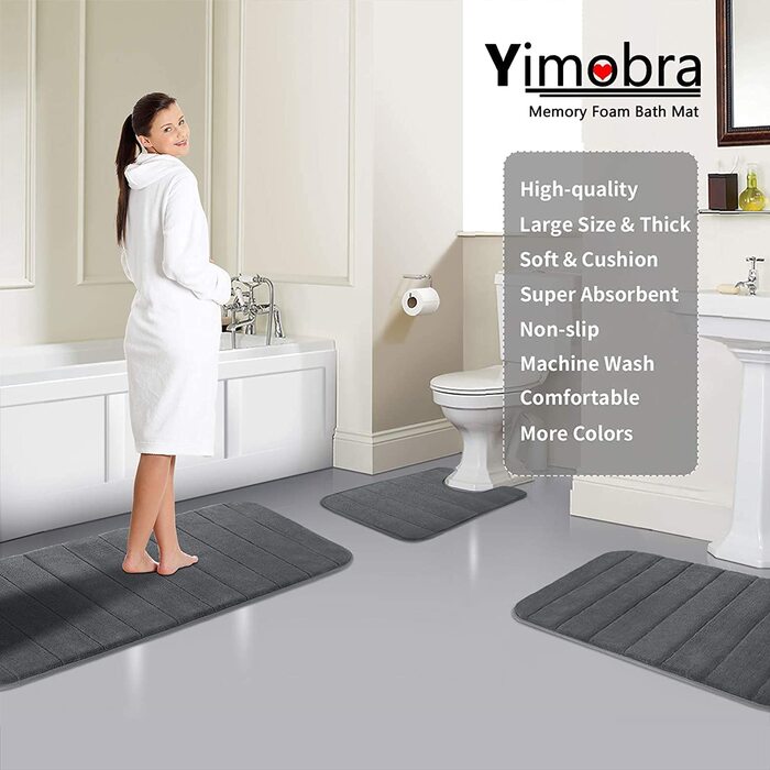 Килимок для ванної Yimobra, нековзкий, 61x51 см, супер водопоглинання, товстий, машинне прання, швидке висихання, темно-сірий