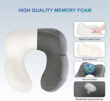 Ергономічна дорожня подушка для шиї Eono з ефектом пам'яті (Memory Foam) у комплекті з маскою для сну, берушами та сумкою, темно-сіра