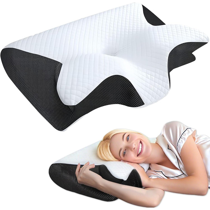 Ортопедична подушка для шиї Tbintul з Memory Foam, ергономічна подушка для сну, для тих, хто спить на боці, спині та животі, чорний/білий