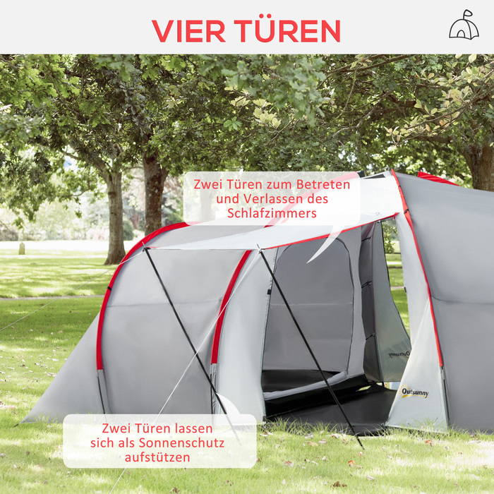 Outsunny Camping Tent, Тунельний намет на 6 осіб з 2 спальнями, вітальня, тамбур, вітрозахисний сімейний намет UV50+ з сумкою для перенесення, 2000 мм водовідштовхувальний засіб для кемпінгу, саду, сірий