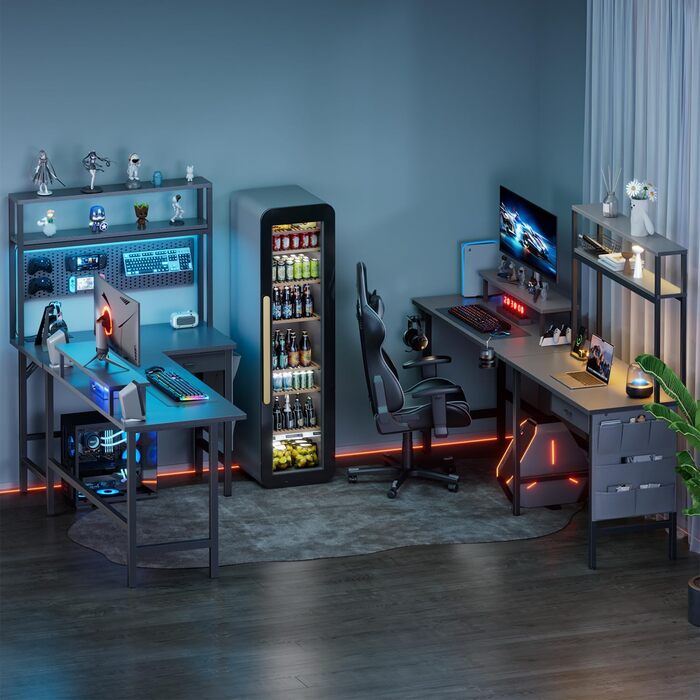 Ігровий стіл кутовий HLONONE 170x100 см з LED, розетками та USB, шухлядами, підставкою під монітор, сірий. Комп'ютерний стіл для геймінгу та офісу