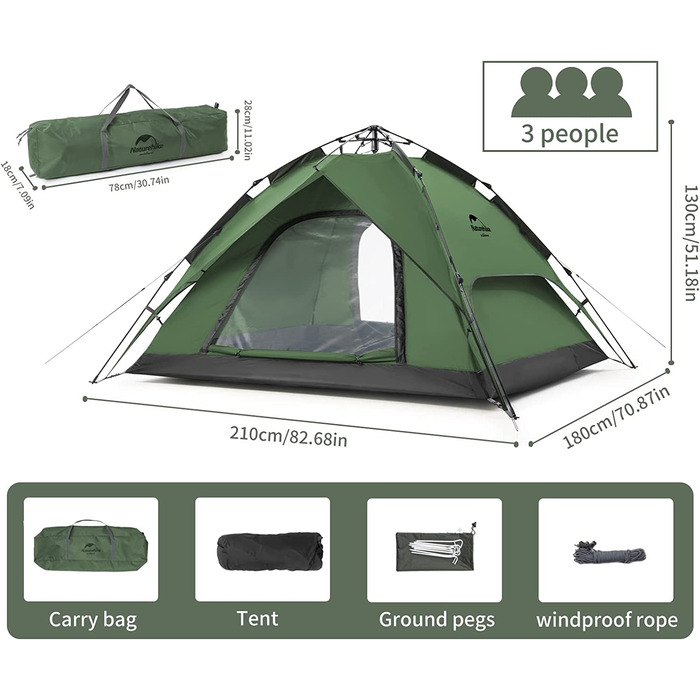 Намет Naturehike Pop Up автоматичний, купольний, двошаровий, для 3-4 осіб, сімейний, з великою місткістю та сумкою для перенесення, для кемпінгу
