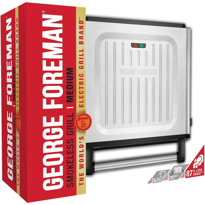 Контактний гриль George Foreman з антипригарним покриттям для приготування паніні та сендвічів [Без диму - 87% менше диму] Настільний гриль (знімні та придатні для миття в посудомийній машині пластини, температура 200°C, корпус з нержавіючої сталі) 28000-