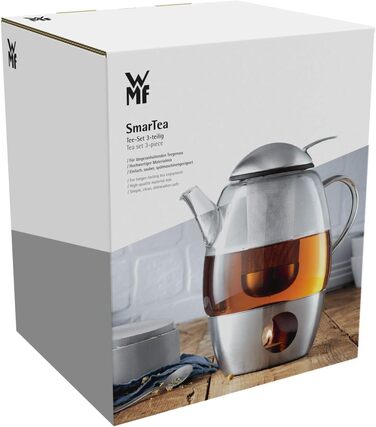 Набір для заварювання чаю WMF SmarTea: скляний чайник 1л з ситечком та підставкою-підігрівачем, нержавіюча сталь Cromargan, 3 предмети