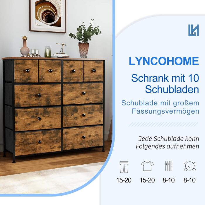 LYNCOHOME комод з 10 тканинними шухлядами, органайзер для кухні, офісу, коридору, вінтажний коричневий, тумба під телевізор