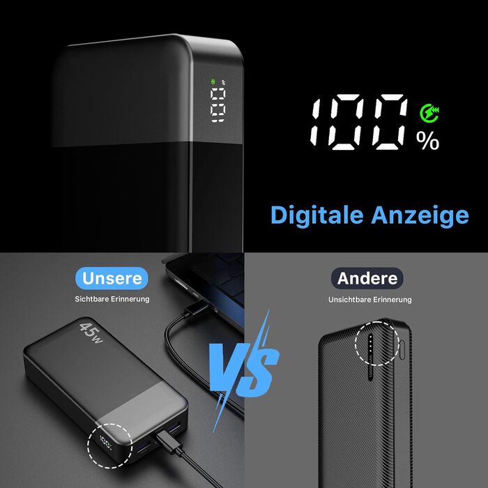Power Bank NOBIS 20000mAh 45W з C-to-C кабелем, цифровою індикацією, чорний