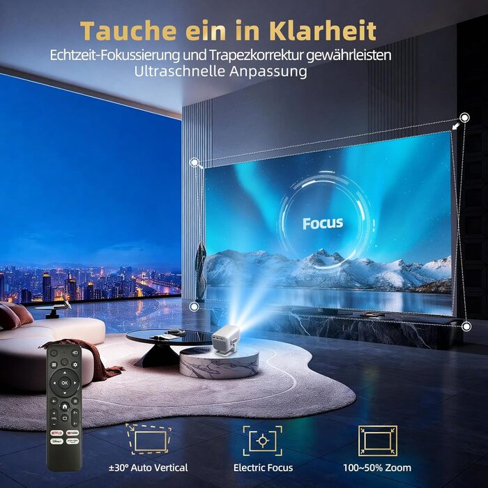 Smart-проектор Beamer 4K Full HD 1080P для домашнього кінотеатру, 700 ANSI люмен, Netflix, Dolby Audio, автофокус та автоматична корекція трапеції, короткофокусний, білий