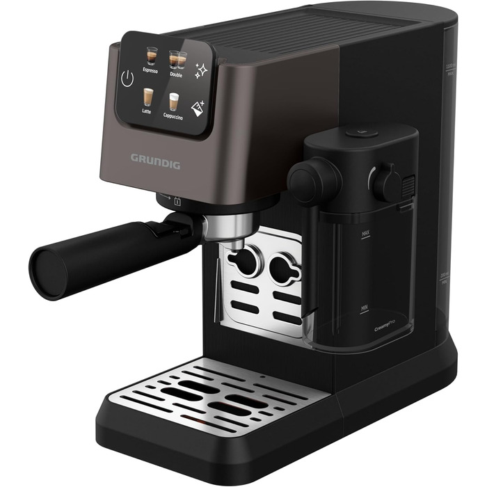Еспресо-кавоварка GRUNDIG KSM 5330 з молочним контейнером, 1628 Вт, 15 бар, двійна насадка, сенсорний дисплей, BrewSense, CreamyPro, нержавіюча сталь/чорна