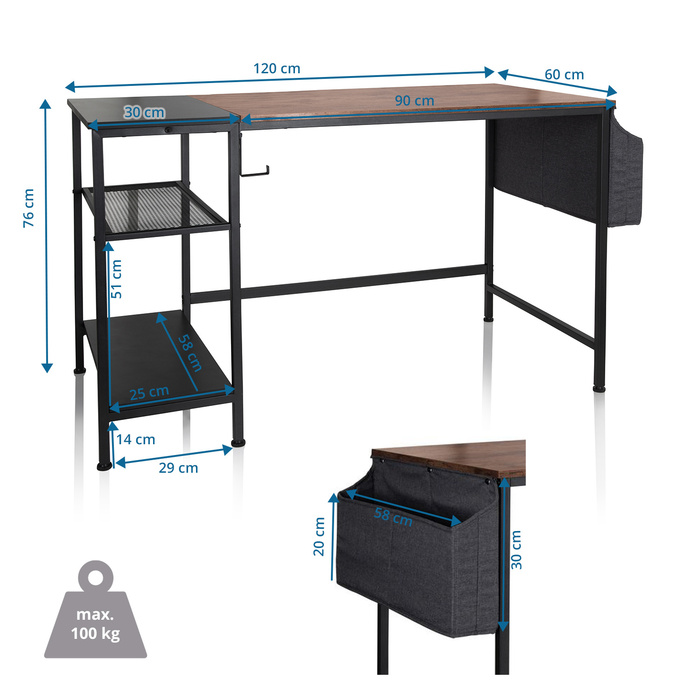 Робочий стіл / письмовий стіл WORKSPACE H I 120 x 60 см з бічною полицею, чорний / коричневий hjh OFFICE