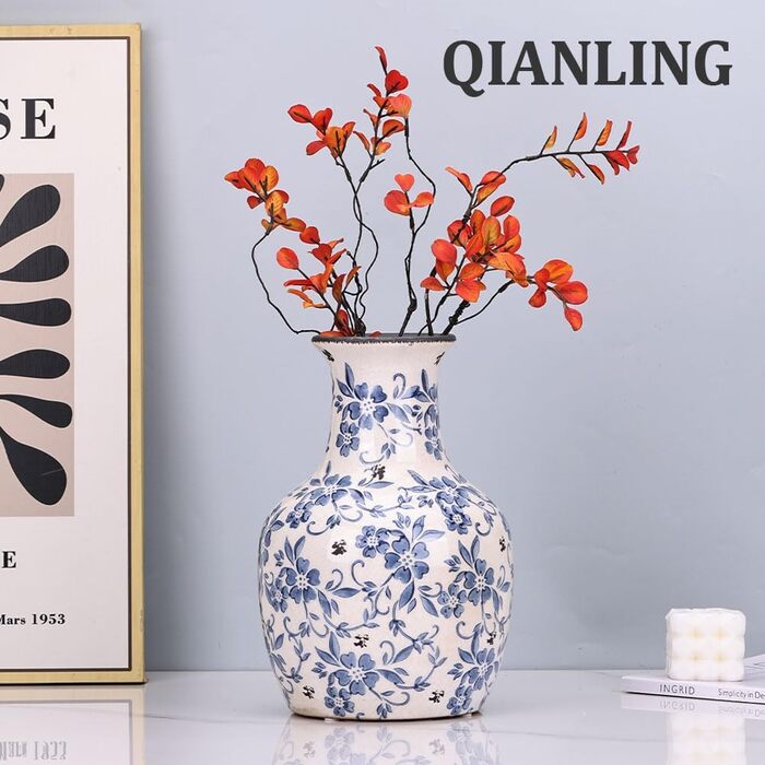 Ваза керамічна Blau-weiße Chinoiserie 27.9 см вінтажна для квітів та декору в стилі рустик, блакитна ваза для букета