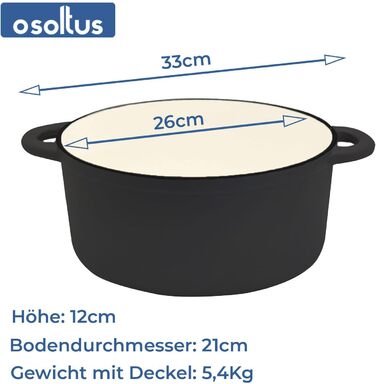 Чавунний жаровий казан Osoltus з кришкою для тушкування, 26 см, 5,3 л, круглий, темно-сірий