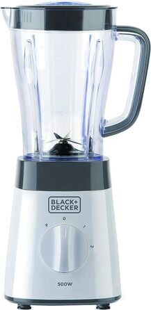 Блендер BLACK+DECKER 500Вт, 1,5л, скляна чаша, 2 швидкості, пульс, 4-лопатевий ніж, легке очищення, білий/сірий