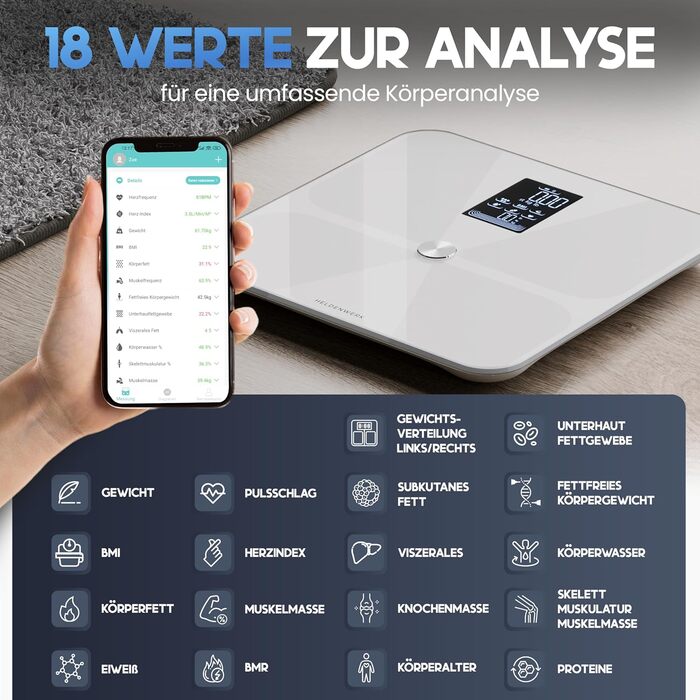 Цифрова ваги для аналізу складу тіла HELDENWERK Harmony, Bluetooth, до 180 кг, з мобільним додатком, вимірювання жиру, ІМТ, м'язової маси, білка, BMR, біла