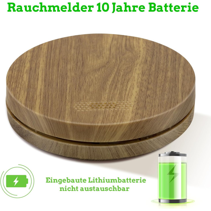 Датчик диму Rauchmelder з батареєю на 10 років, плоский, сертифікований TÜV Rheinland, з функцією вимкнення звуку, гучний 85dB сигнал, автономний, чутливий до вогню, білий (набір 6 шт., колір дерева)