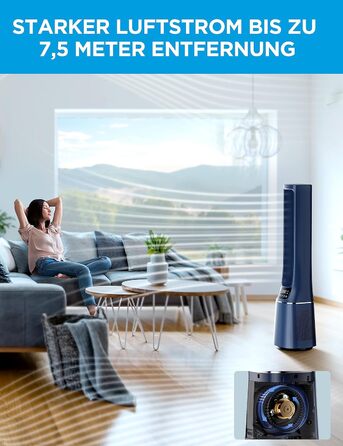 Midea MFP-120i (BL) Тихий турмовентилятор 2-в-1 з очищувачем повітря HEPA H13, LED-дисплей, дистанційне керування, осциляція, таймер 12 годин, Wi-Fi, сумісний з Alexa/Google, для приміщень до 47,6 м²