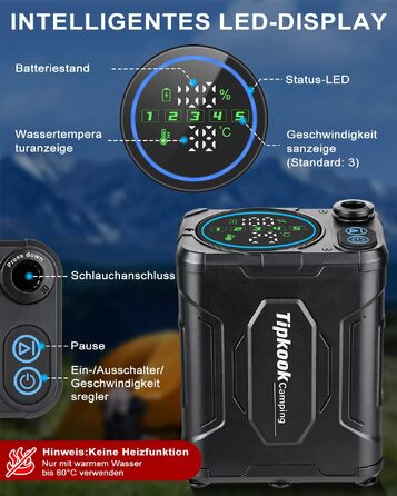 Портативний кемпінговий душ з акумулятором 13000mAh, мобільний outdoor-душ з помпою, функцією паузи та індикатором температури для кемпінгу, миття авто та тварин