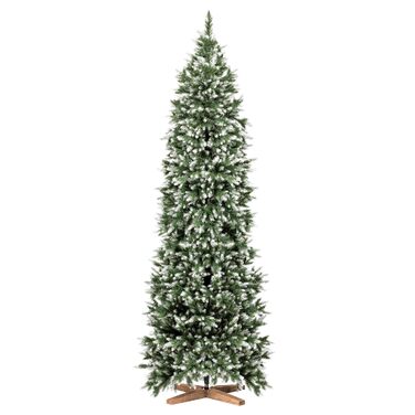 Штучна ялинка FAIRYTREES Nordmanntanne Slim Premium з білим снігом та шишками, PVC, 220 см, з дерев'яною підставкою
