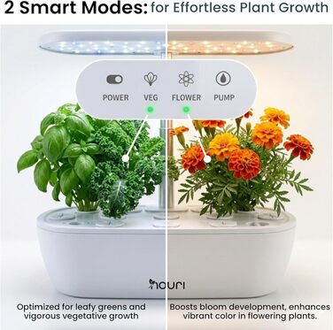Nouri Smart Garden 12 Pod: Гідропонна система для вирощування томатів та зелені вдома з додатком | LED лампа для рослин