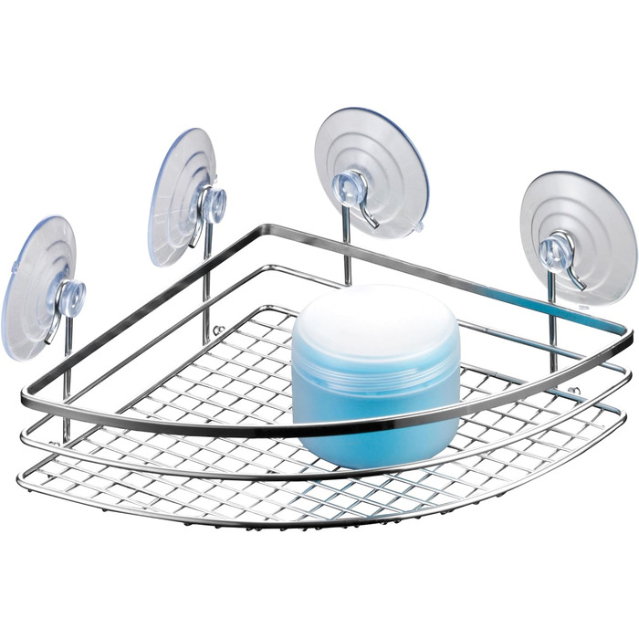 axentia Кутова полиця Cassandra срібляста, настінна полиця для ванної з присосками та гвинтами, дві відкидні полиці, 20x27x37 см, хромована