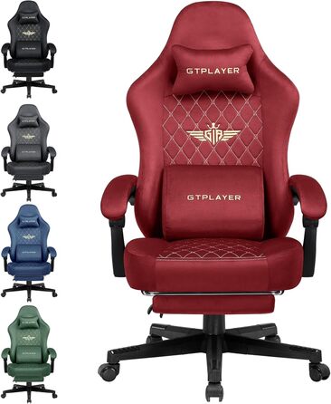 Ігрове крісло GTPLAYER з тканини, ергономічне, офісне, для комп'ютера, навантаження до 150 кг, регульоване та обертове, з пружинною подушкою та підніжкою, червоне