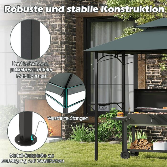 Альтанка-барбекю COSTWAY з подвійним дахом, 2 полицями та 6 гаками, сіра (240x151x255 см) для саду, тераси, газону