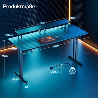 Ігровий стіл HLONONE з LED підсвіткою, 140x60 см: Комп'ютерний стіл з розетками та USB, стійкий стіл для геймерів та офісу, чорний