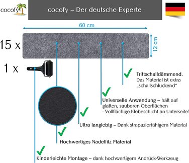 Набір килимків для сходів cocofy, 15 шт., 60x12 см, сучасний самоклеючий фетр, сірий, для внутрішніх сходів