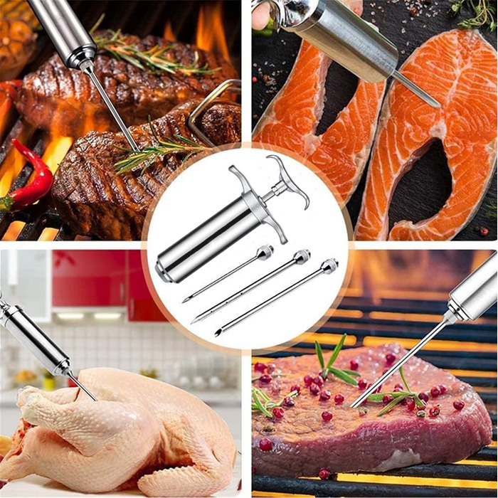 Шприц для маринування м'яса BBQ 60 мл з 3 голками, нержавіюча сталь 304, для м'яса, птиці, випічки (Срібло)