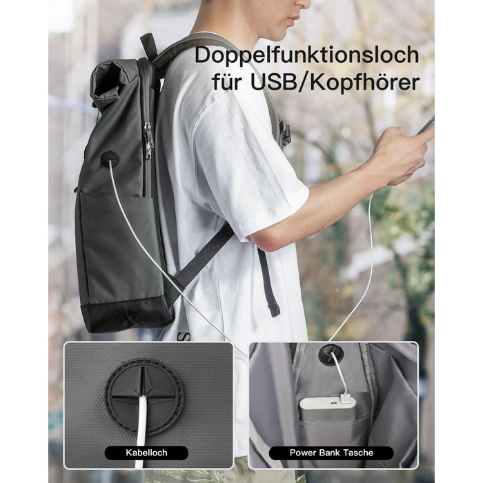 Inateck RollTop рюкзак 25-30 л для чоловіків і жінок, міський велосипедний рюкзак для ноутбука 17'', шкільний, для університету, подорожей, роботи та спорту, сірий
