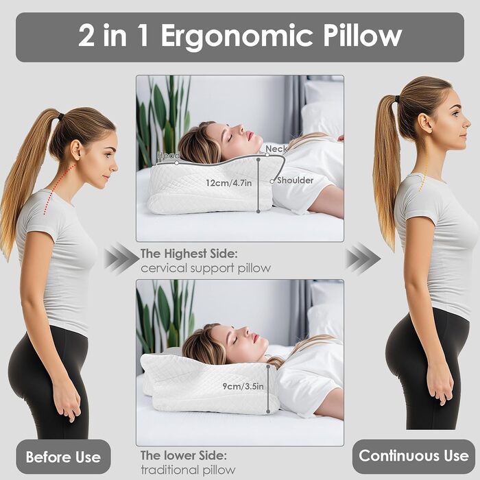 Ергономічна ортопедична подушка для шиї з ефектом пам'яті (Memory Foam), регульована по висоті, для сну на боці, спині та животі, 63x42 см, світло-сіра
