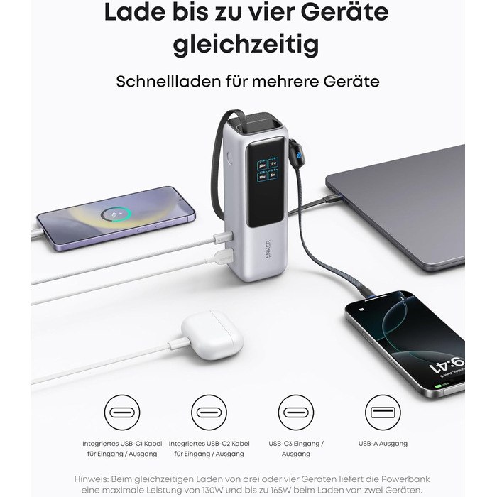 Powerbank Anker 25000mAh з 3 USB-C портами 100W, вбудований кабель, для iPhone, MacBook, Samsung та інших пристроїв (Срібний)