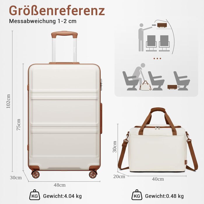 Набір валіз для подорожей KONO (2 предмети): ручна поклажа 55 см та сумка для Ryanair 40x30x20 см, колір кремовий білий