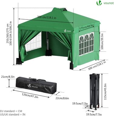 Павільйон VOUNOT 3x3 м, водонепроникний, зимостійкий, складаний, з 4 стінками і 3 піщаними мішками, зелений, для саду, вечірок, у комплекті сумка