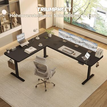Ергономічний кутовий стіл TRIUMPHKEY з електроприводом, регульованою висотою та пам'яттю, 160x140 см, чорний. Комп'ютерний стіл з кабельною організацією