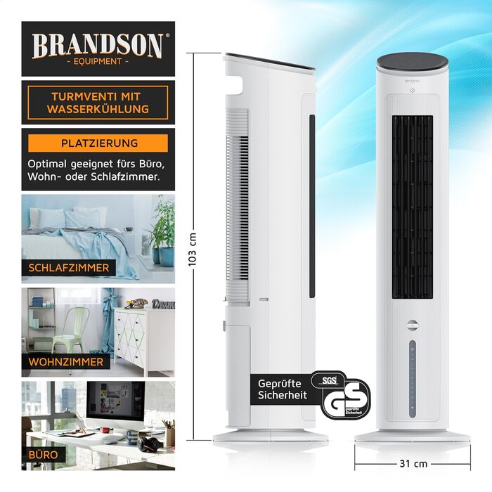 Brandson Торговий вентилятор з водяним охолодженням 5 в 1, випарний охолоджувач повітря, мобільний кондиціонер без повітроводів, 4,6 л, білий, тихий, переможець 2025 року