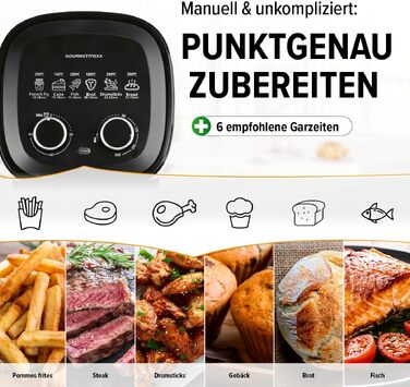 Аерофритюрниця GOURMETmaxx 3,1 л, потужність 1350 Вт, 6 функцій (включаючи розморожування та підігрів), таймер на 60 хвилин, енергоощадна безмасляна фритюрниця