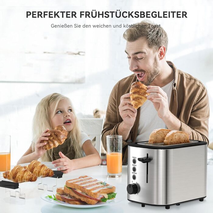 Тостер KitchenBoss Edelstahl на 2 тости: з підставкою для булочок, знімним піддоном для крихт, 6 рівнів підсмажування, автовимкнення, розморожування та підігрів - 870 Вт