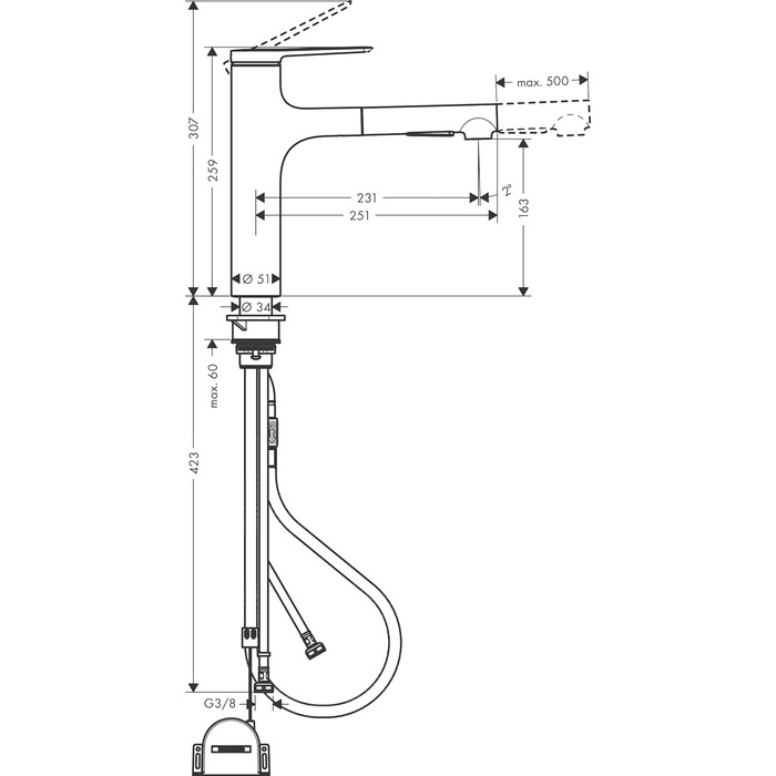 Змішувач кухонний Hansgrohe Zesis M33 з висувним душем, 2 режими, високий вилив 160 мм, поворотний на 150°, хром (74800000)