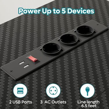 Ігровий стіл Bestier з LED-підсвіткою, кутовий, з 2 USB-портами та 3 розетками, з полицею та підставкою для монітора, великий для офісу та спальні, 147 x 80 см, чорний, з карбоновим покриттям