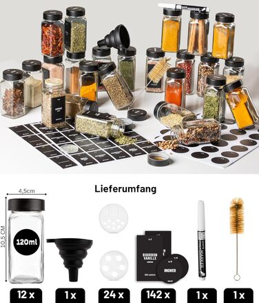 Набір скляних банок для спецій Deco haus® - 12 шт. з чорними кришками, з мірною ложкою та етикетками