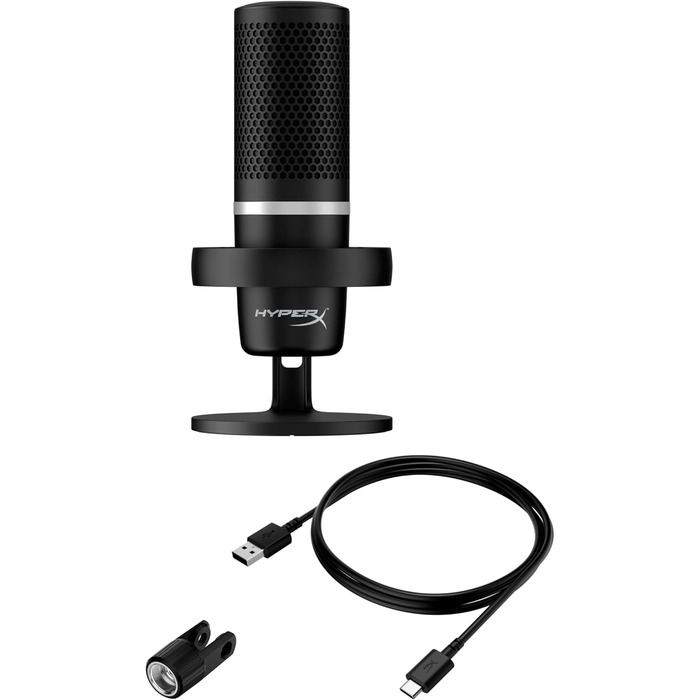 HyperX DuoCast USB конденсаторний мікрофон з RGB підсвіткою, вбудованим поп-фільтром, антивібраційним кріпленням, регулюванням підсилення, сумісний з ПК, PS5, PS4, Mac, чорний
